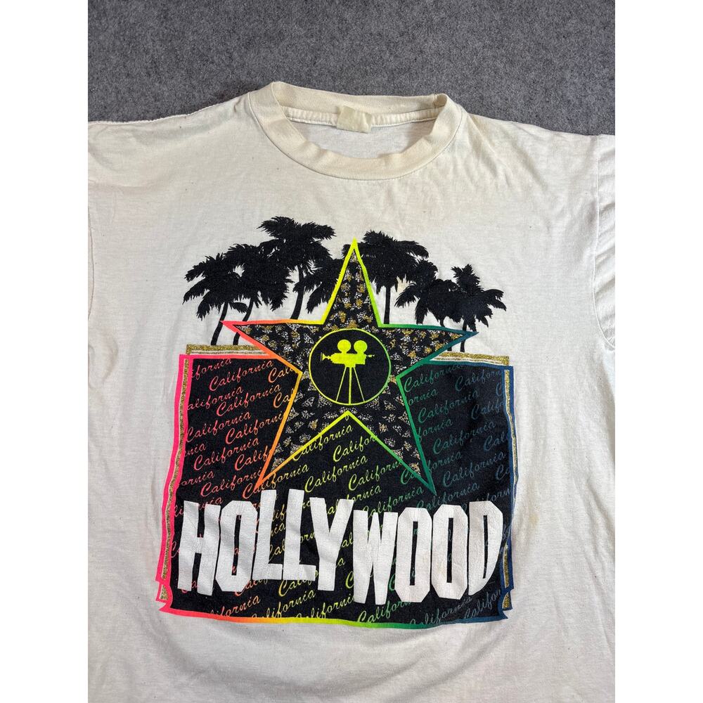 Vintage 90s Hollywood California Tourist Graphic T Shirt Mens Medium White Tee - Picture 2 of 8